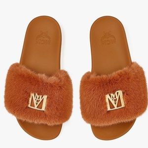 Mcm Faux Fur Logo Slide/Sandals